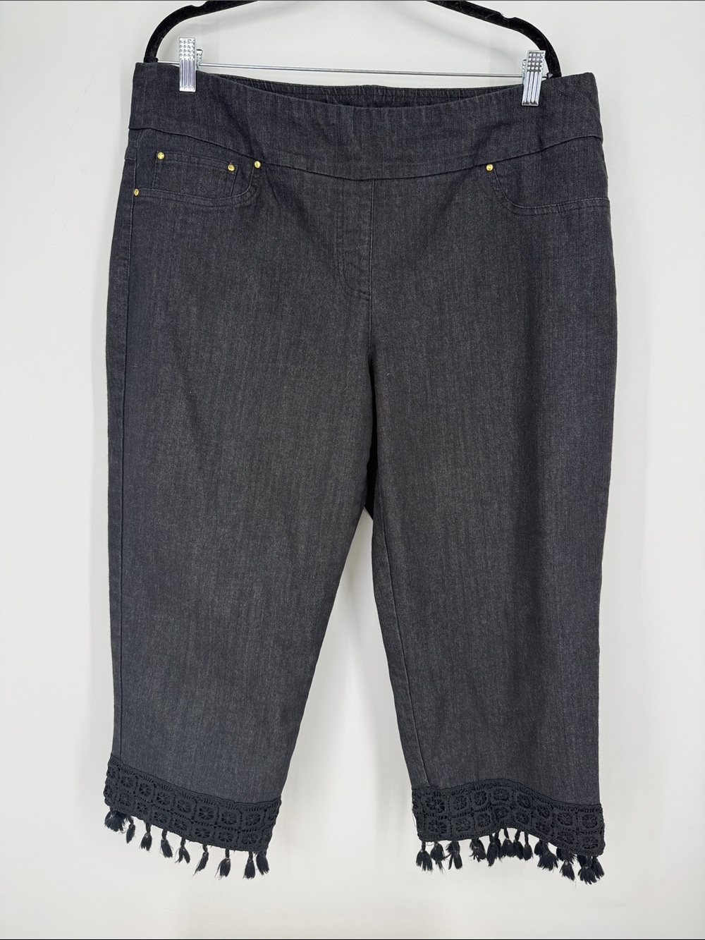 Ruby Road Women’s Dark Gray Cropped Jeans with Crochet Fringe size 18W